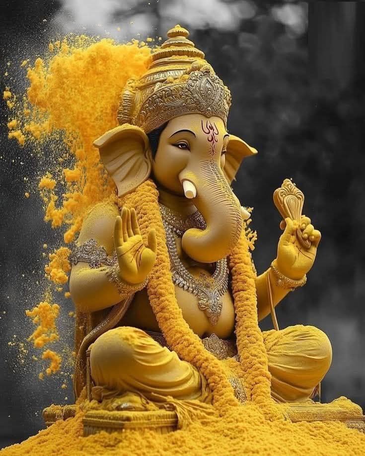 Lord Ganesha showered in golden turmeric