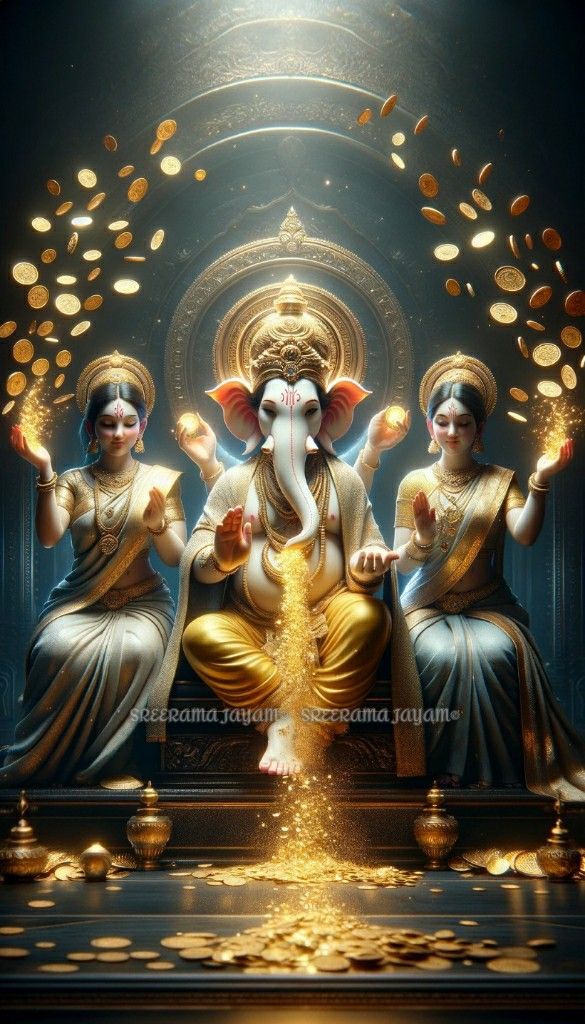 Golden Ganesha with devis, divine blessing.