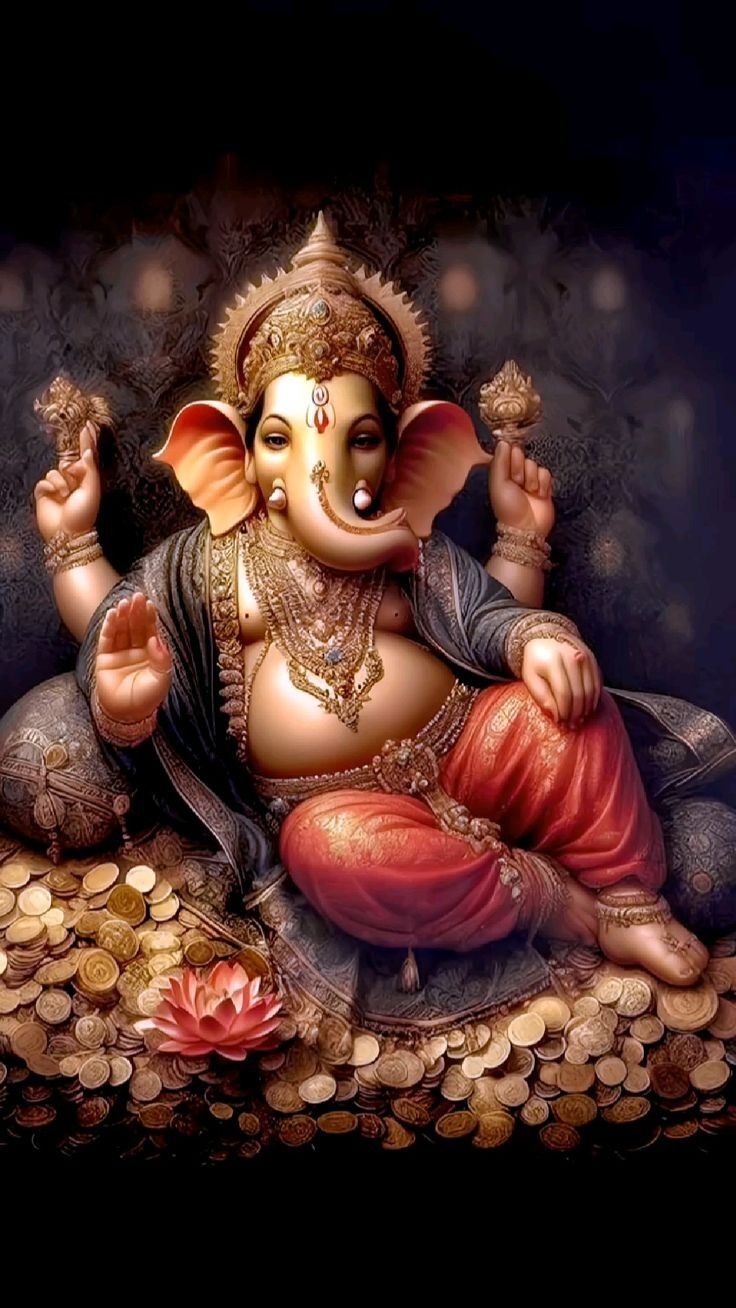 Lord Ganesha sitting on gold coins