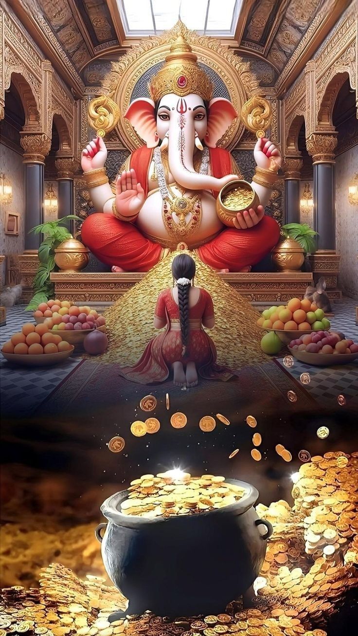Lord Ganesha bestows blessings and wealth.