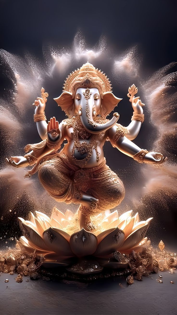 Golden Ganesha seated on lotus flower