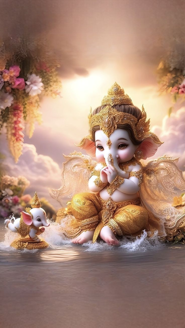 Golden baby Ganesha with a mouse.
