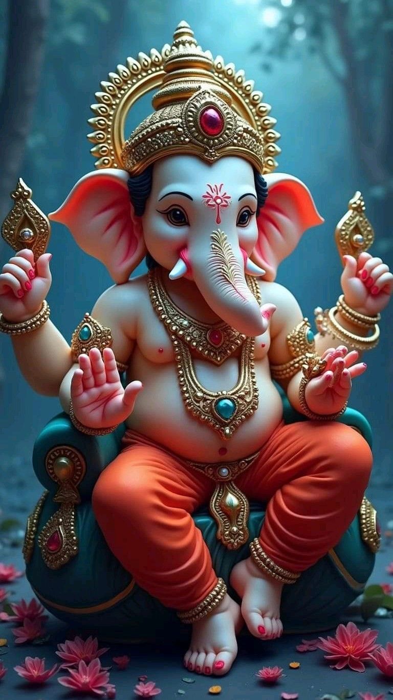 Golden Ganesha seated on lotus throne