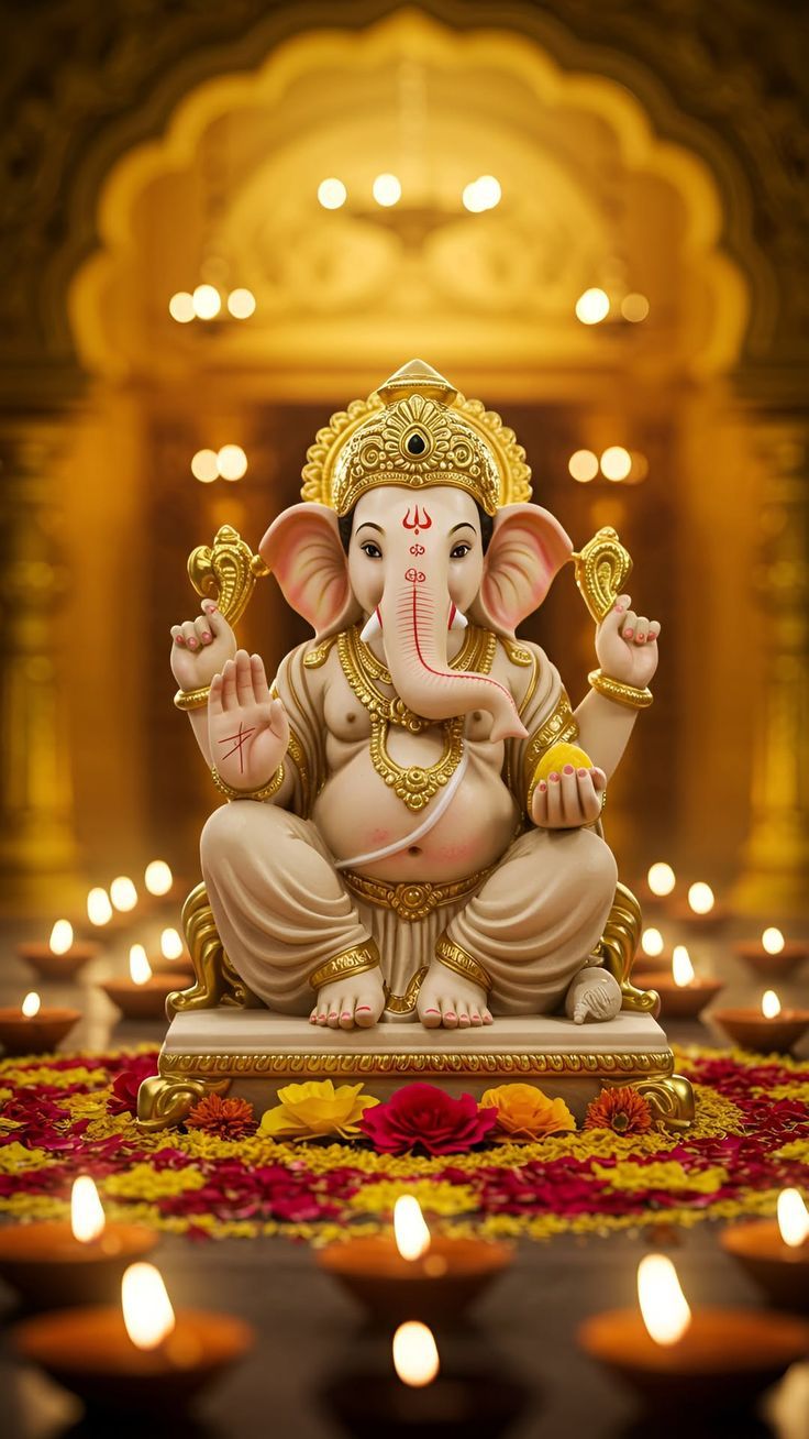 Lord Ganesha with flowers and diyas