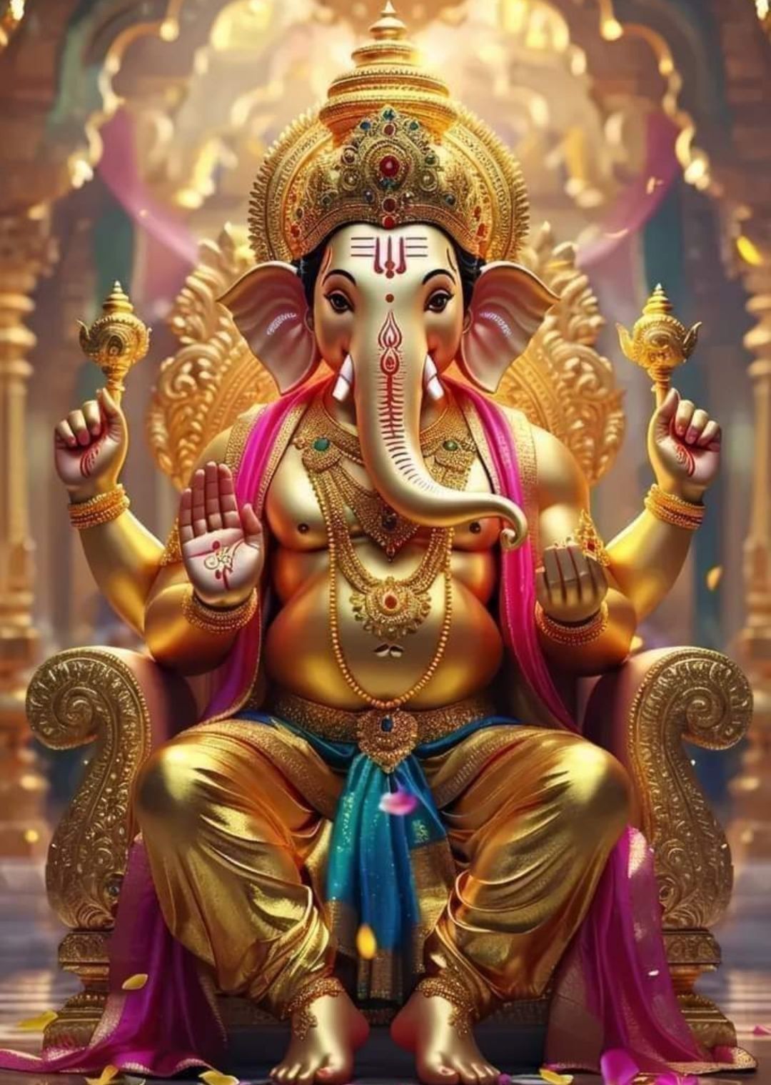 Lord Ganesha in golden attire blessing devotees.