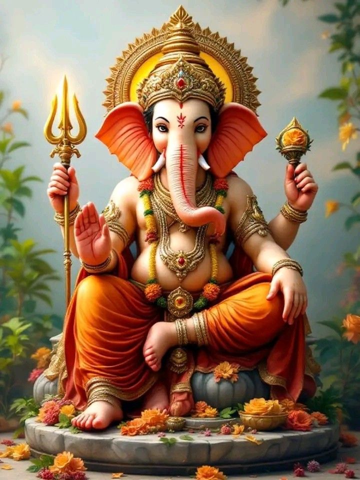 Lord Ganesha seated with modak offering