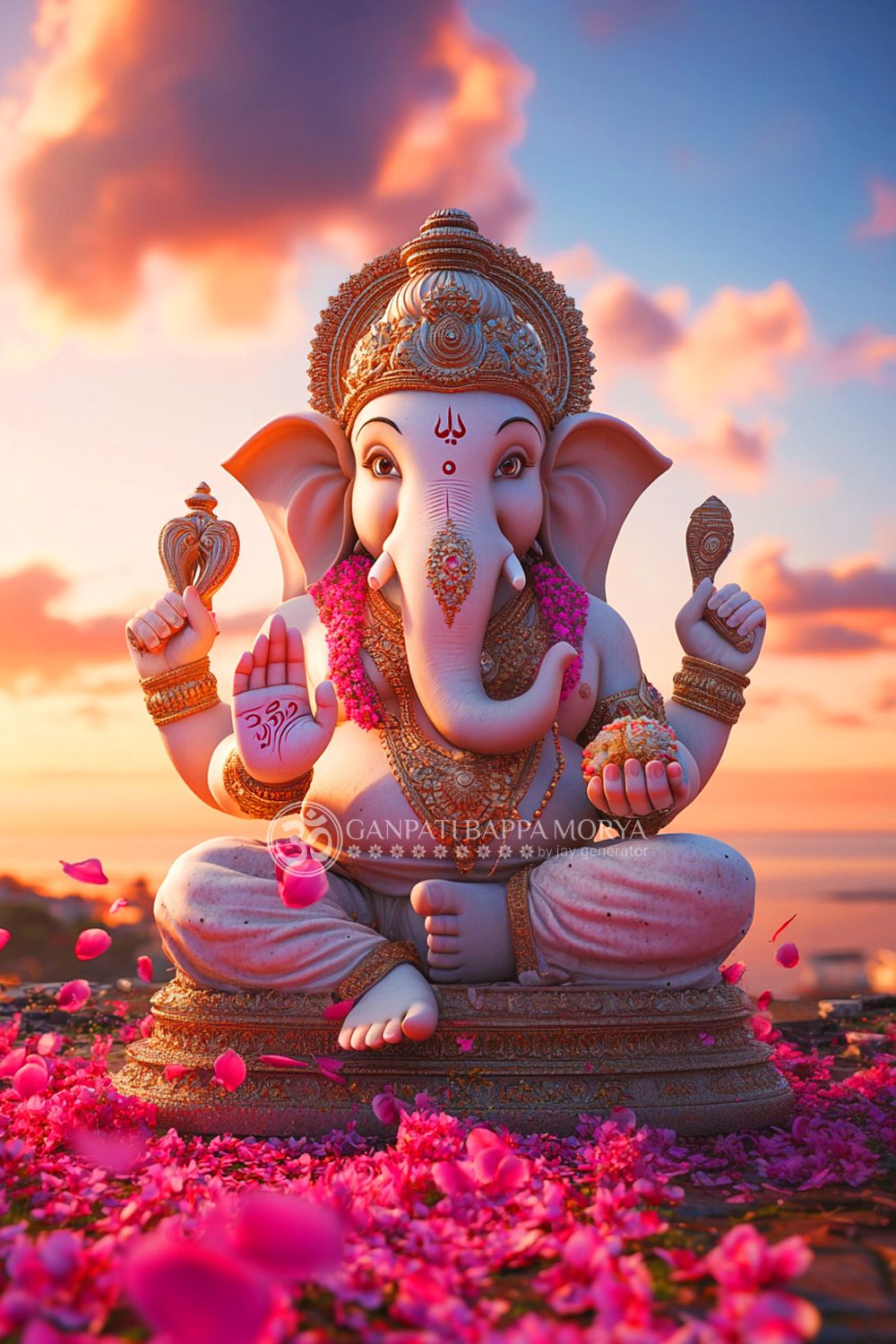Lord Ganesha in sunset floral setting