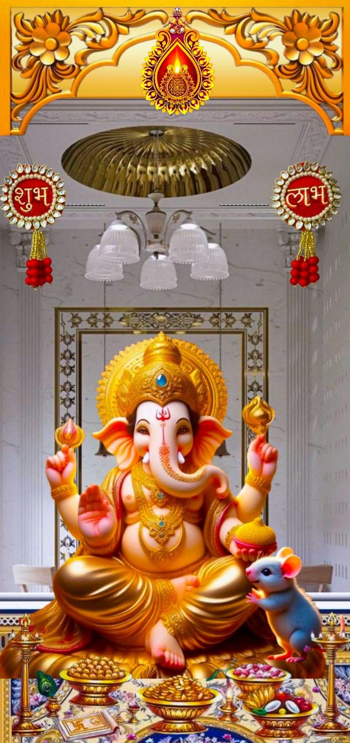 Lord Ganesha sits amidst festive decorations