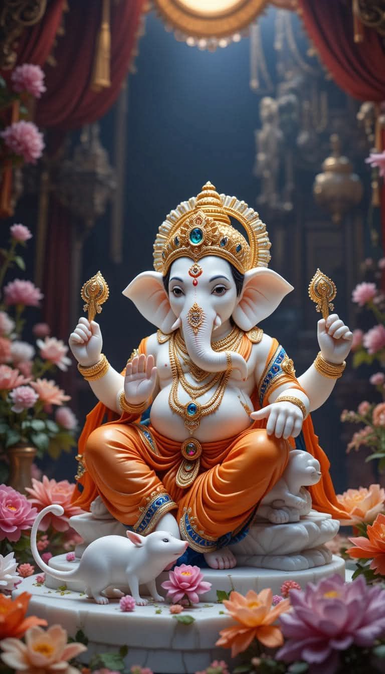 Lord Ganesha with mouse and flowers