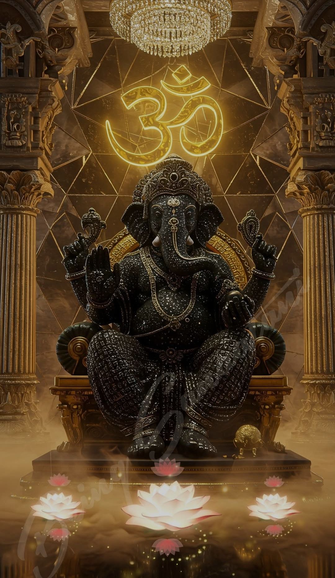 Golden Ganesha seated on a throne