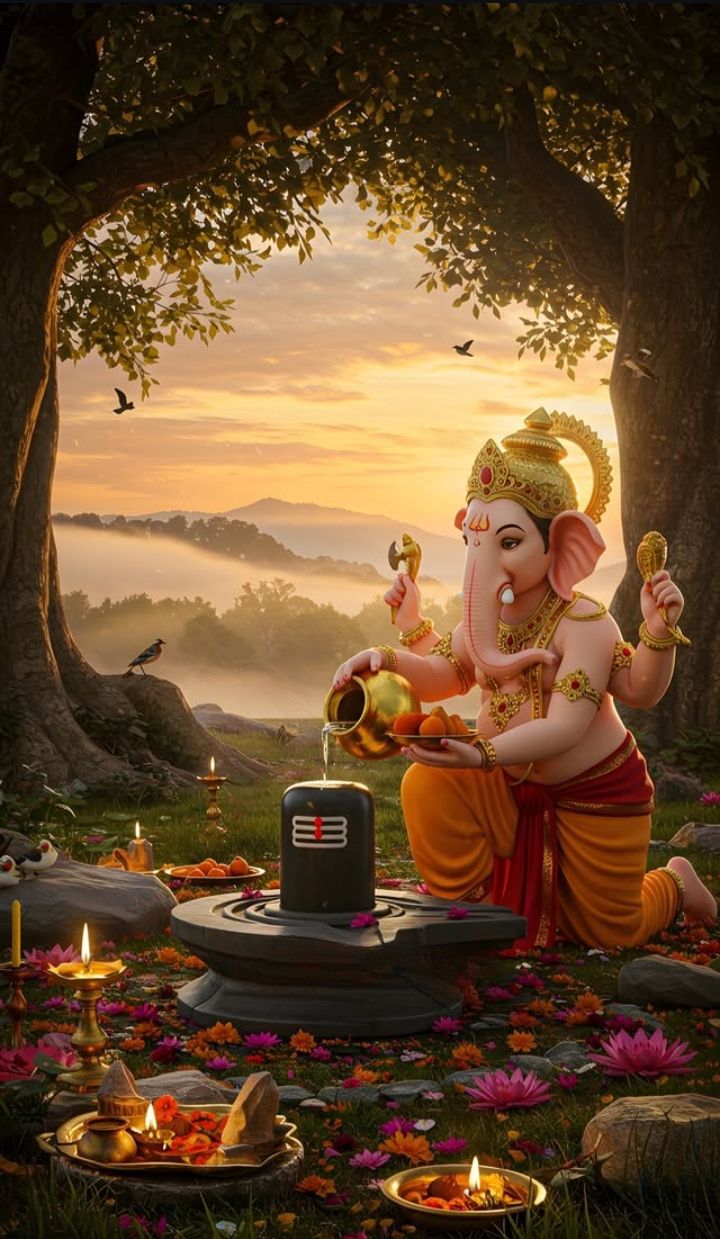 Ganesha offering water to Shivalinga
