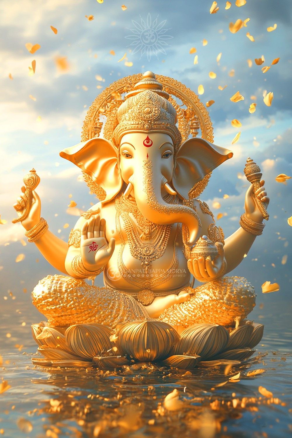 Golden Ganesha seated on a lotus