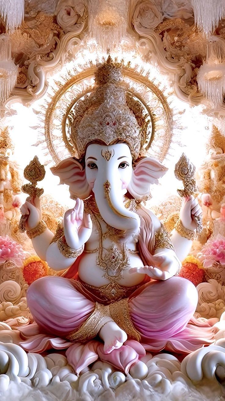 Golden Ganesha statue with pink robes