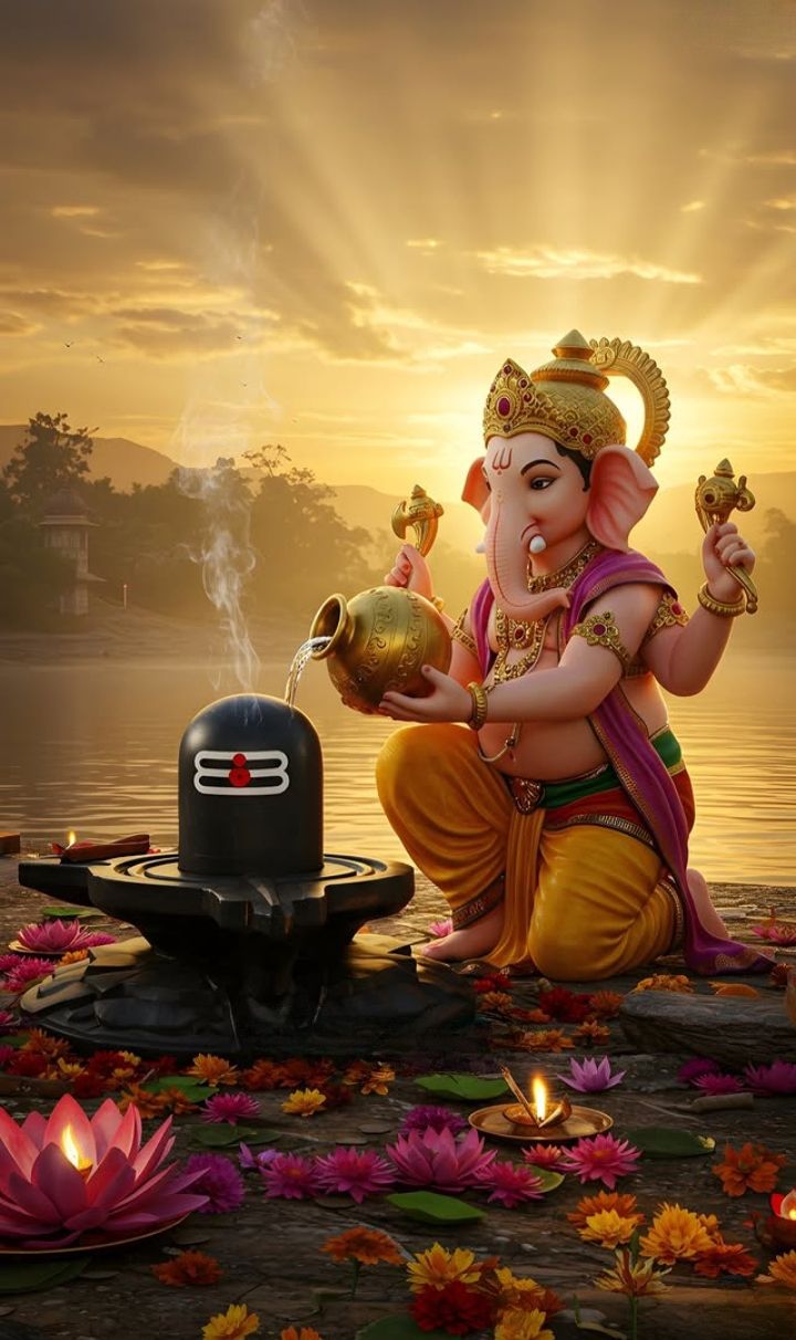 Ganesha offering modak at sunset.