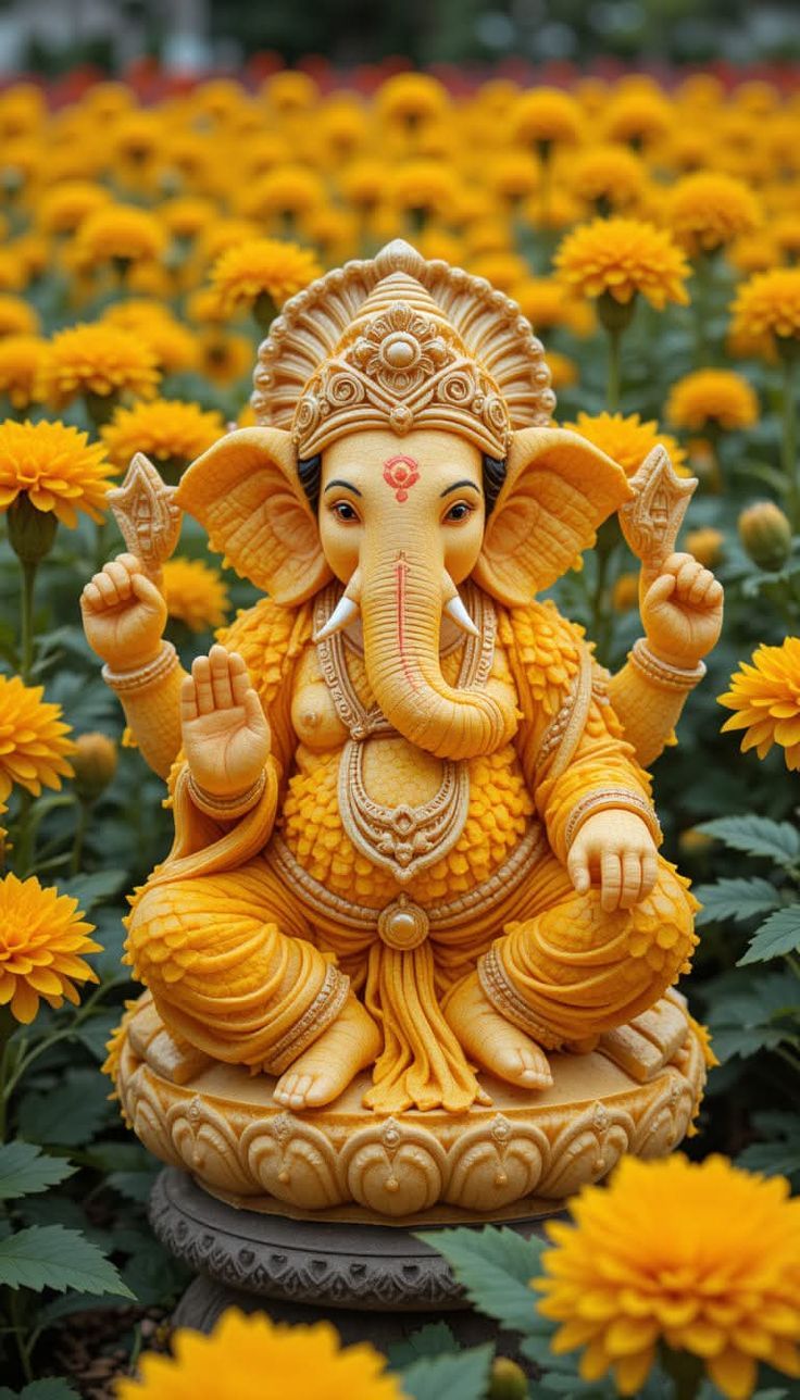Golden Ganesha amidst vibrant marigold flowers