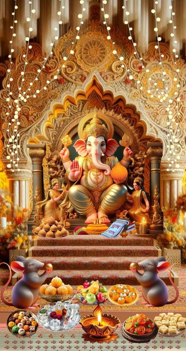 Golden Ganesha idol with festive decorations