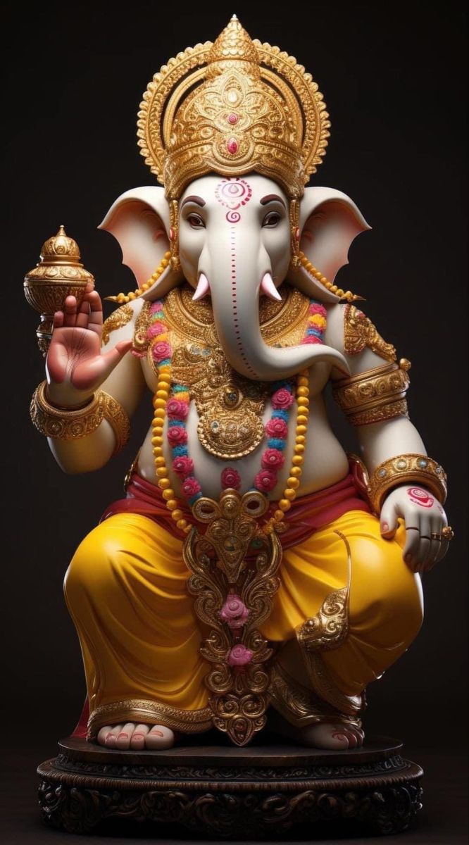 Golden Ganesha statue with modak