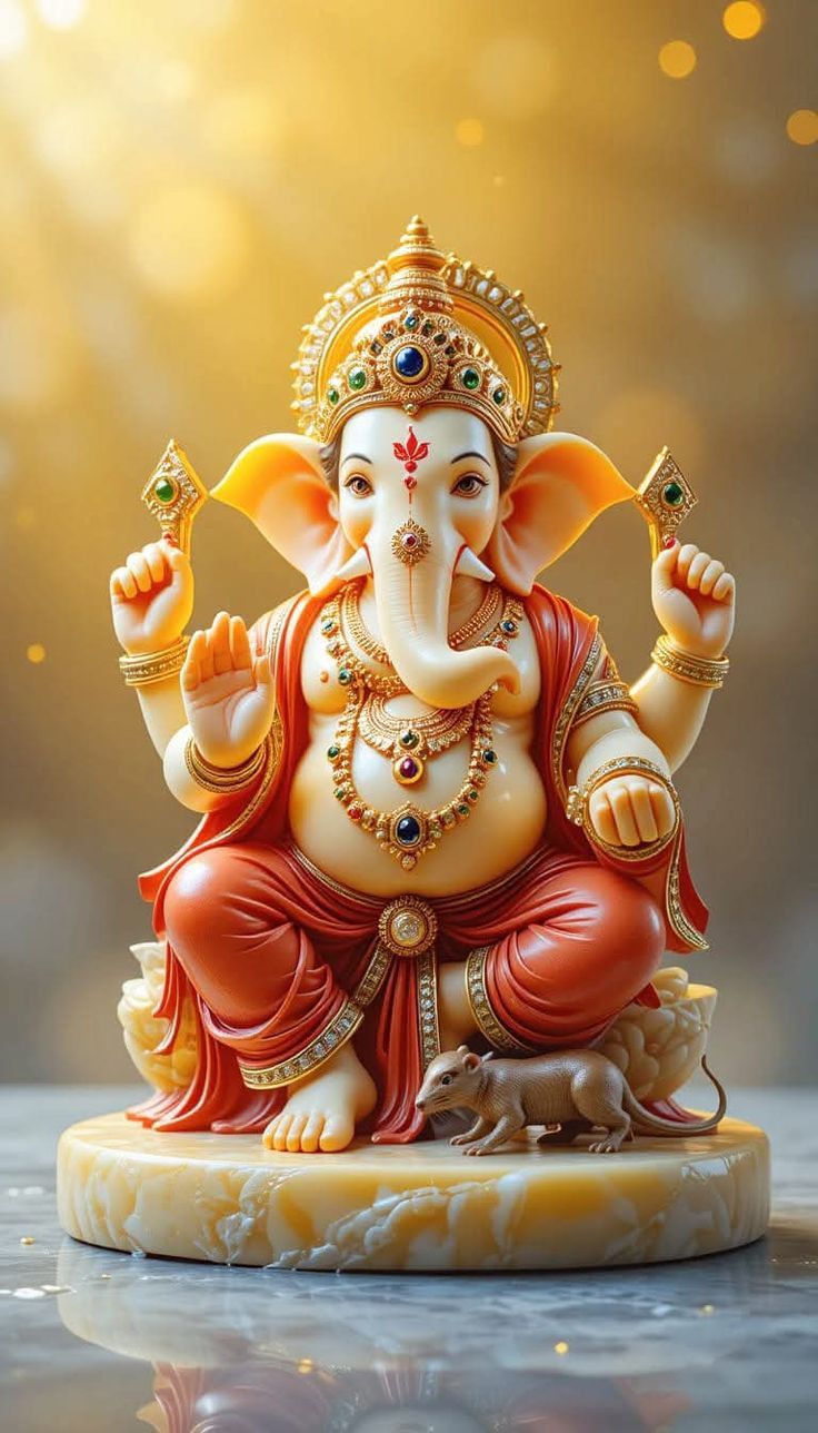 Golden Ganesha statue with a mouse