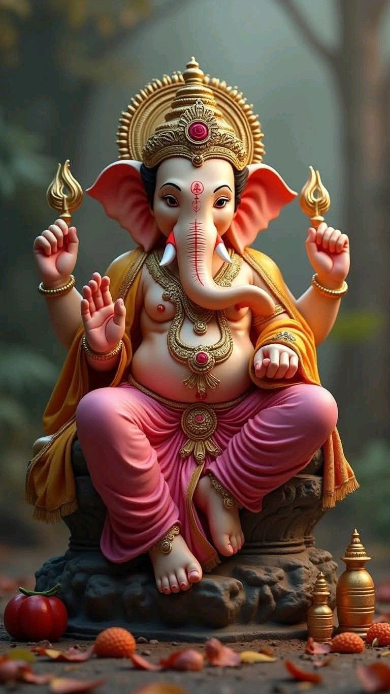 Golden Ganesha statue with modaks offered.