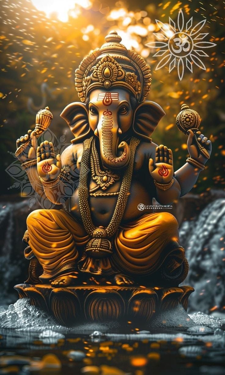 Golden Ganesha seated on lotus flower