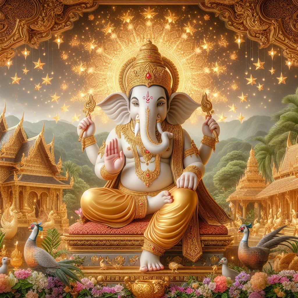 Lord Ganesha seated in golden splendor.