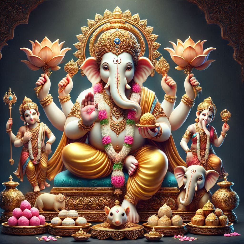 Lord Ganesha with modaks and lotus.