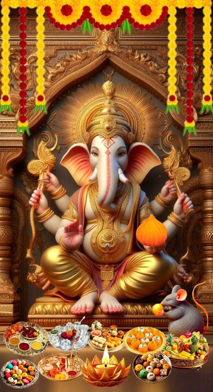 Lord Ganesha with puja offerings