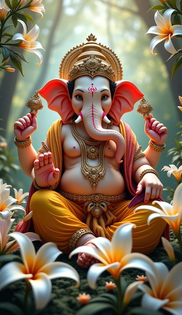 Lord Ganesha amidst white lilies