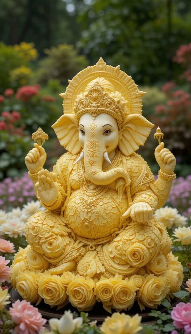 Golden Ganesha statue among flowers