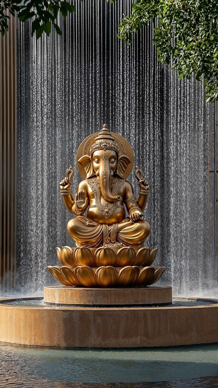 Golden Ganesha statue at a waterfall.