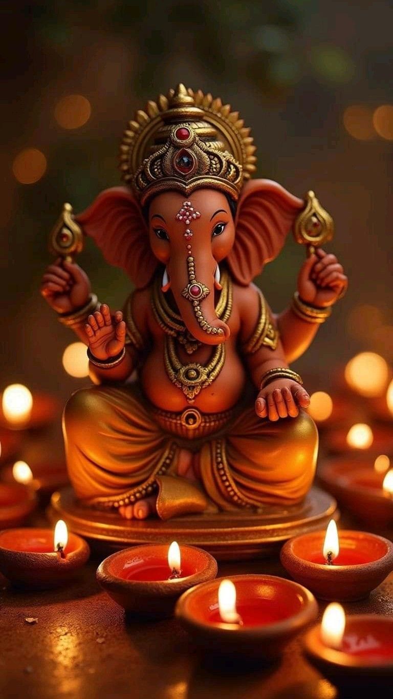Golden Ganesha surrounded by diyas