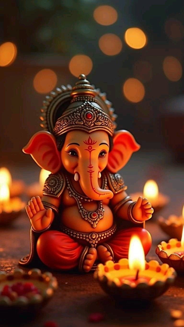 Lord Ganesha surrounded by glowing diyas