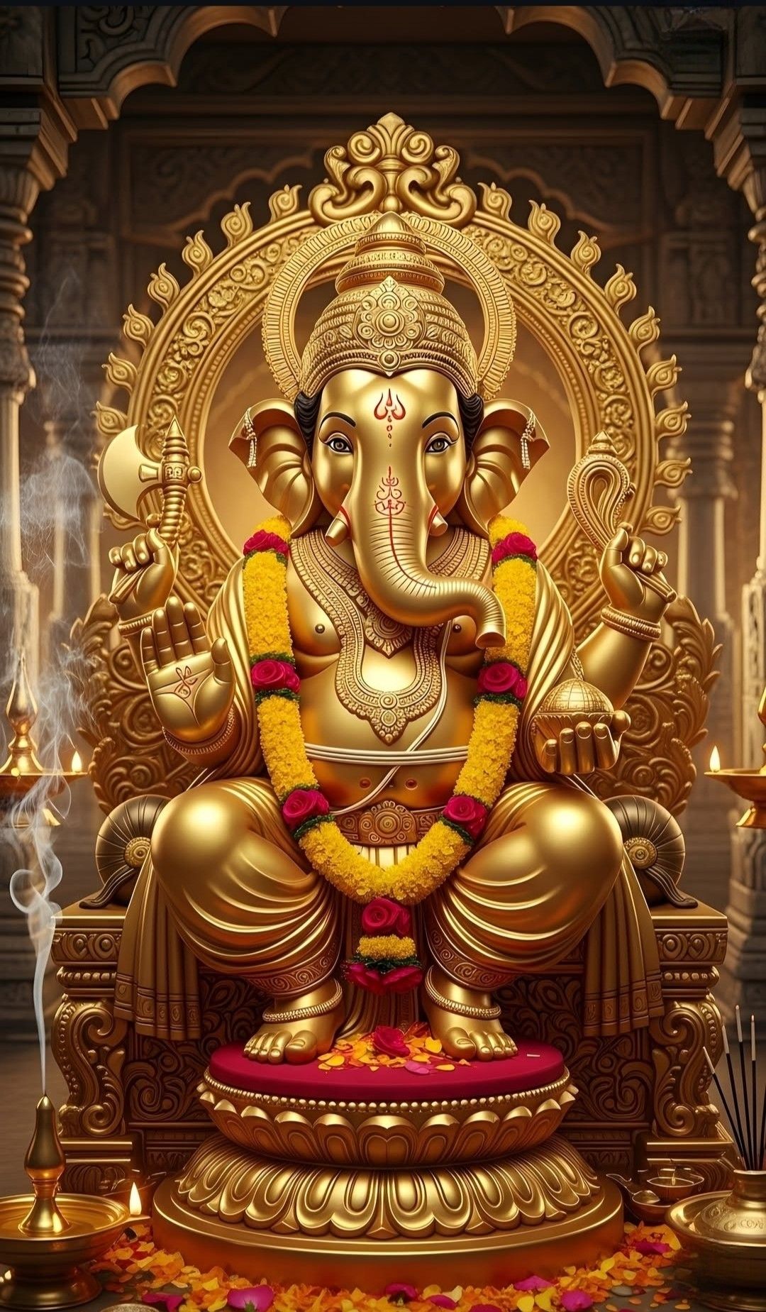 Golden Ganesha idol with floral garland