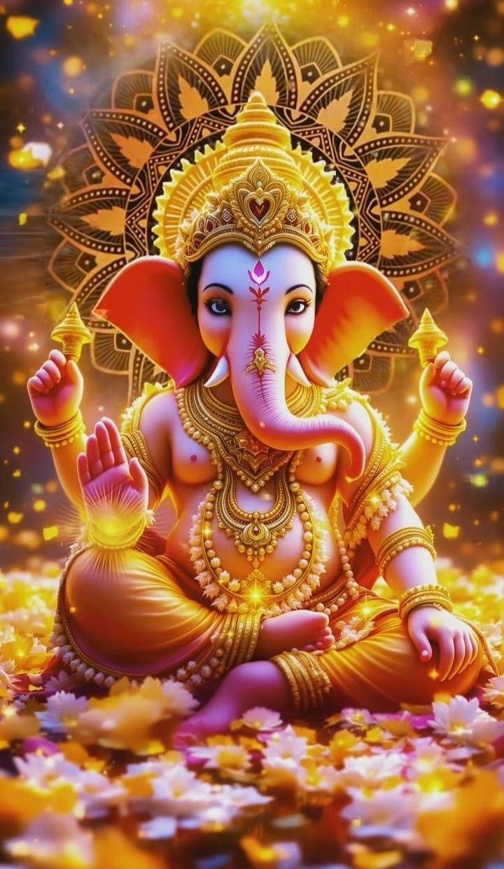 Golden Lord Ganesha with lotus flowers