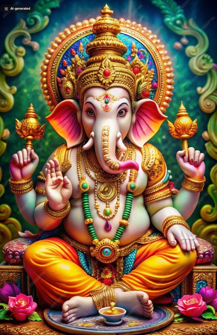 Golden Ganesha with lotus and modak