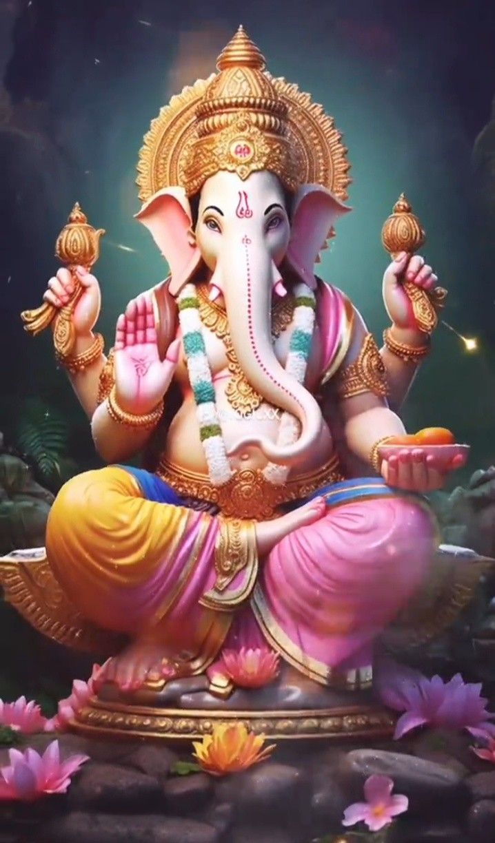 Golden Ganesha with lotus flowers