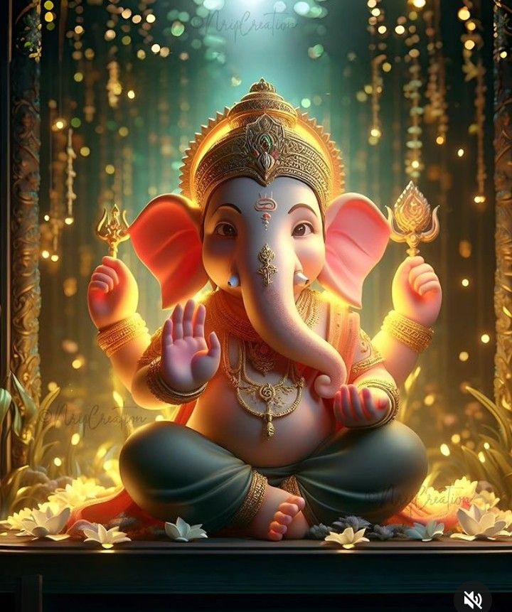 Golden Ganesha with lotus flowers