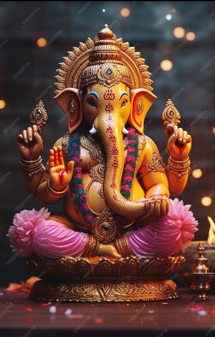 Lord Ganesha adorned with lotus flowers