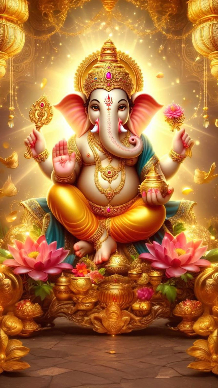 Golden Ganesha with lotus flowers