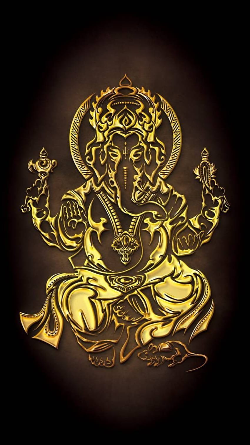 Golden Ganesha idol with ornate details.