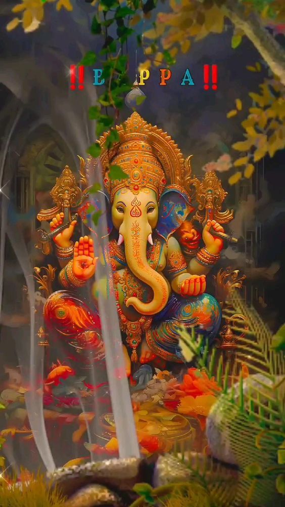 Golden Ganesha with lotus and flowers.