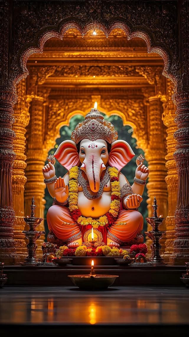 Golden Ganesha idol in ornate temple.