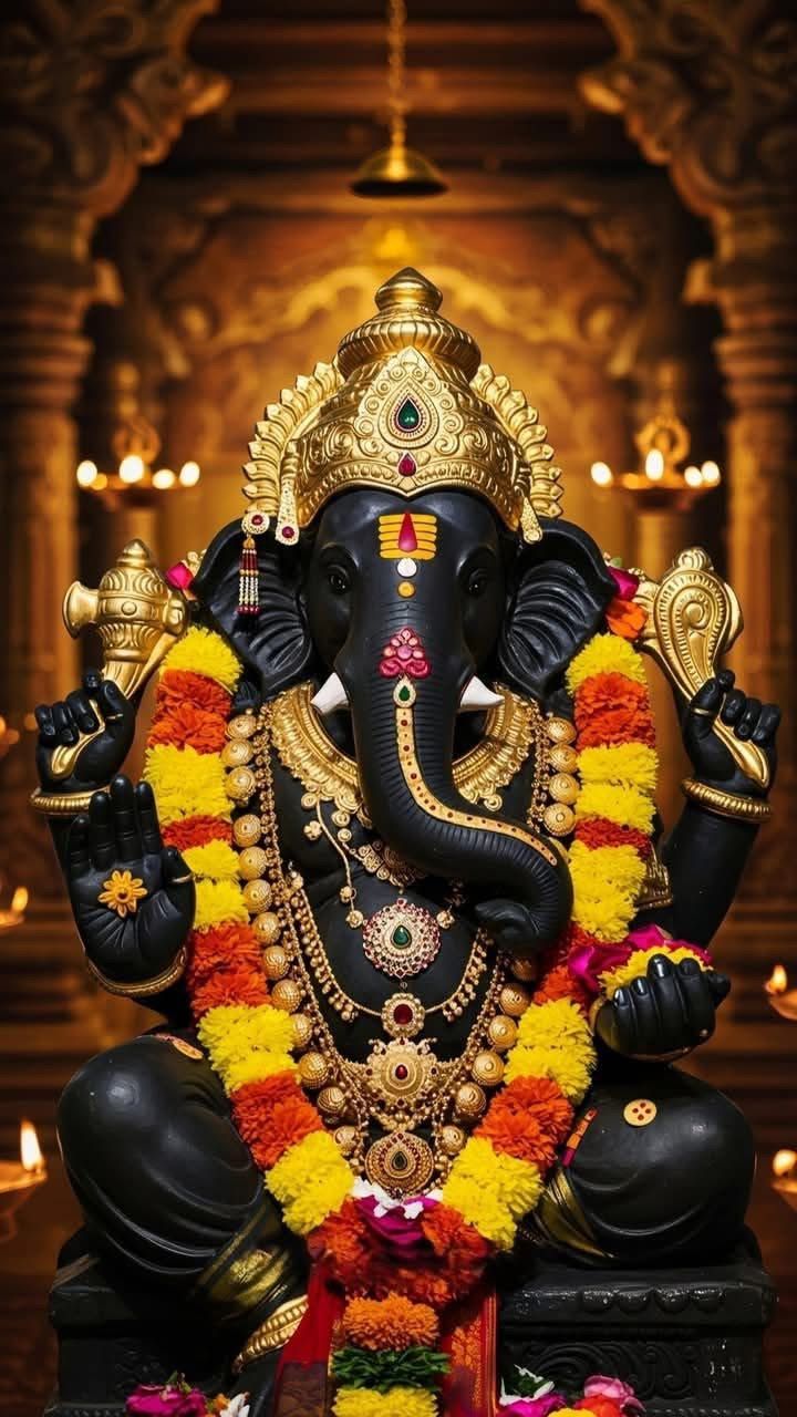 Lord Ganesha adorned in golden finery.