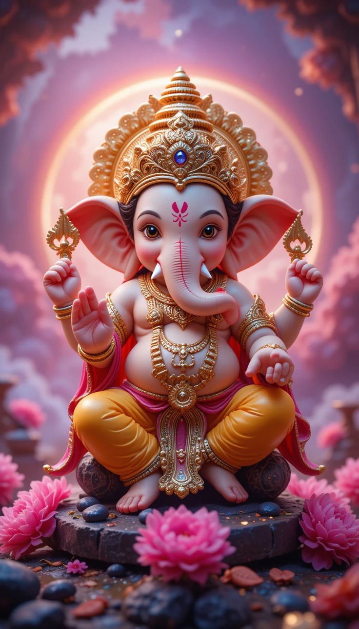 Lord Ganesha sits on a lotus throne.