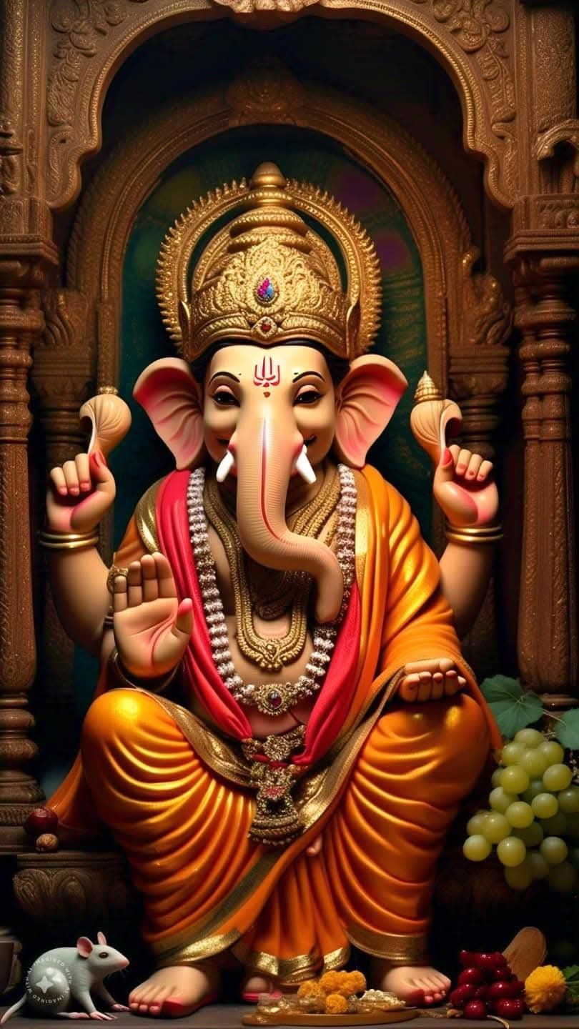 Golden Ganesha with modaks and mouse