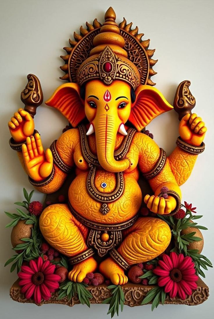 Golden Ganesha with modaks and flowers