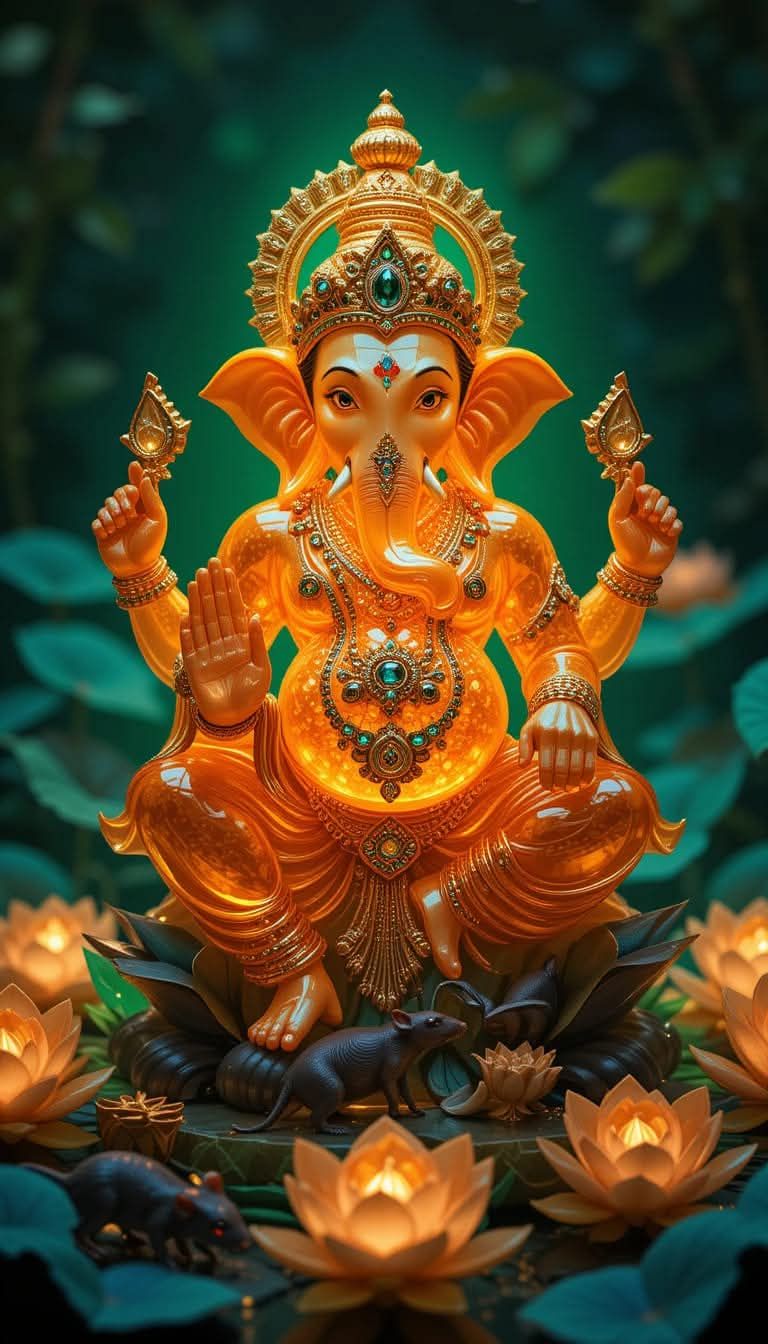 Golden Ganesha seated on a lotus