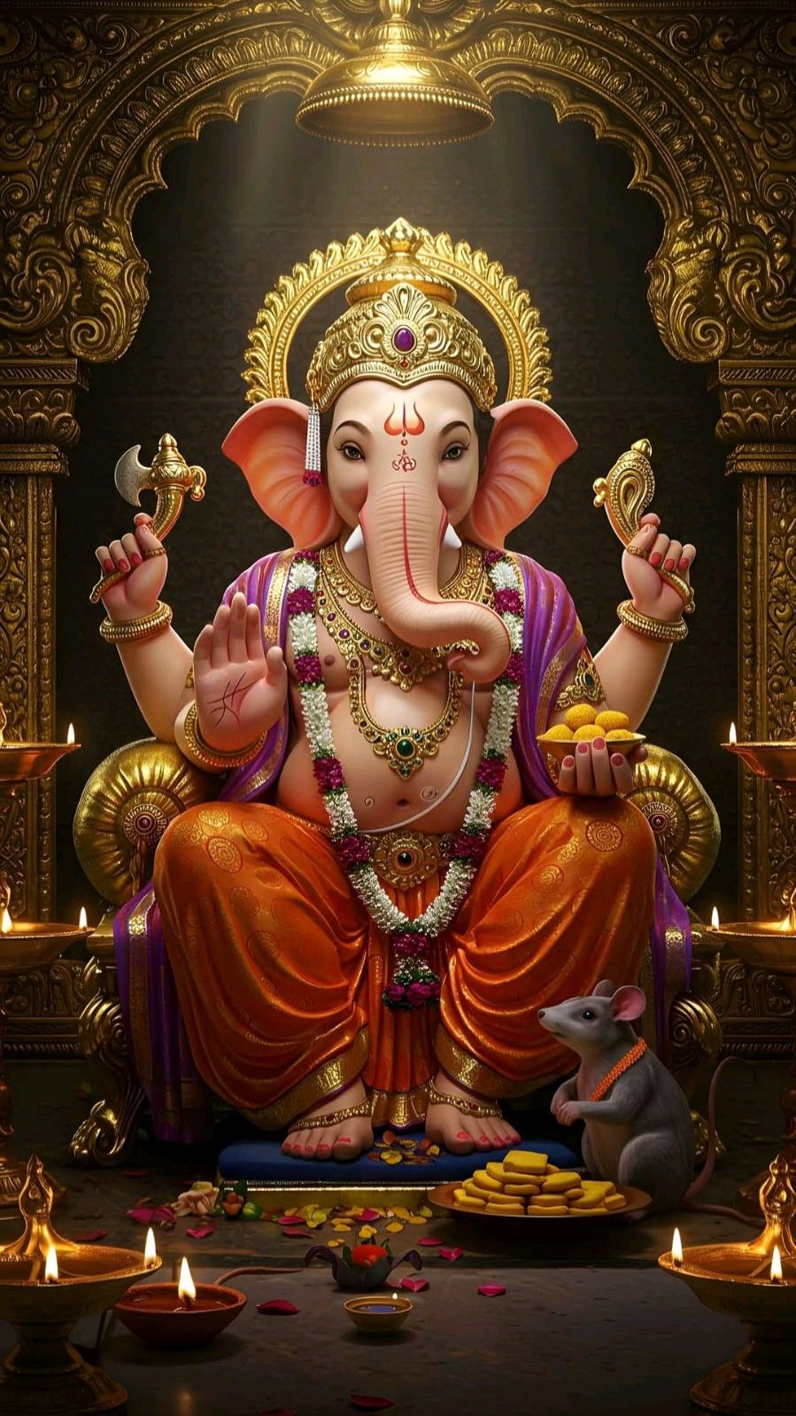 Lord Ganesha seated on throne, golden