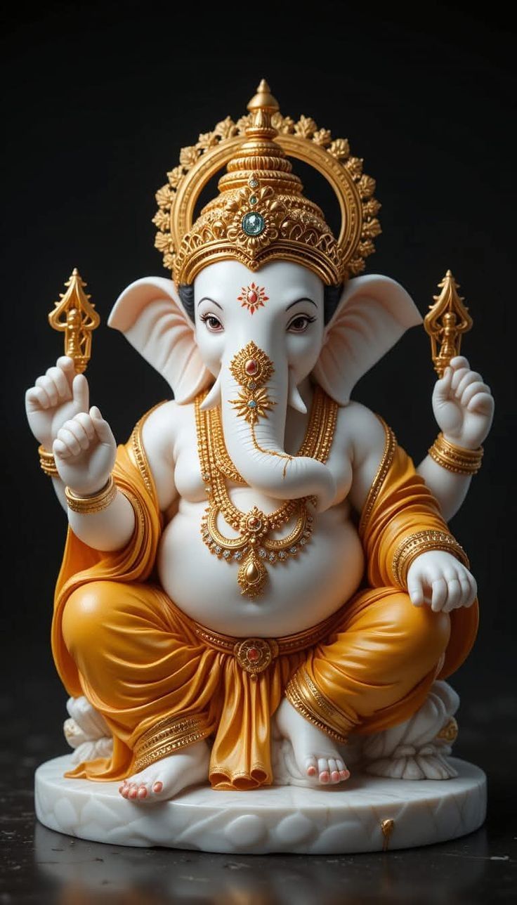 Golden Ganesha idol with a crown