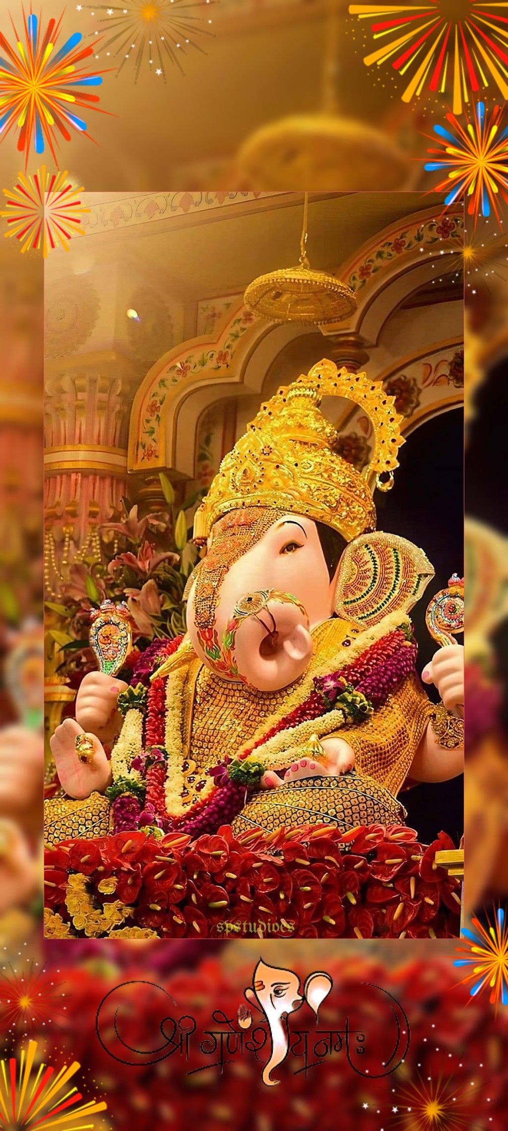 Golden Ganesha amidst floral decorations